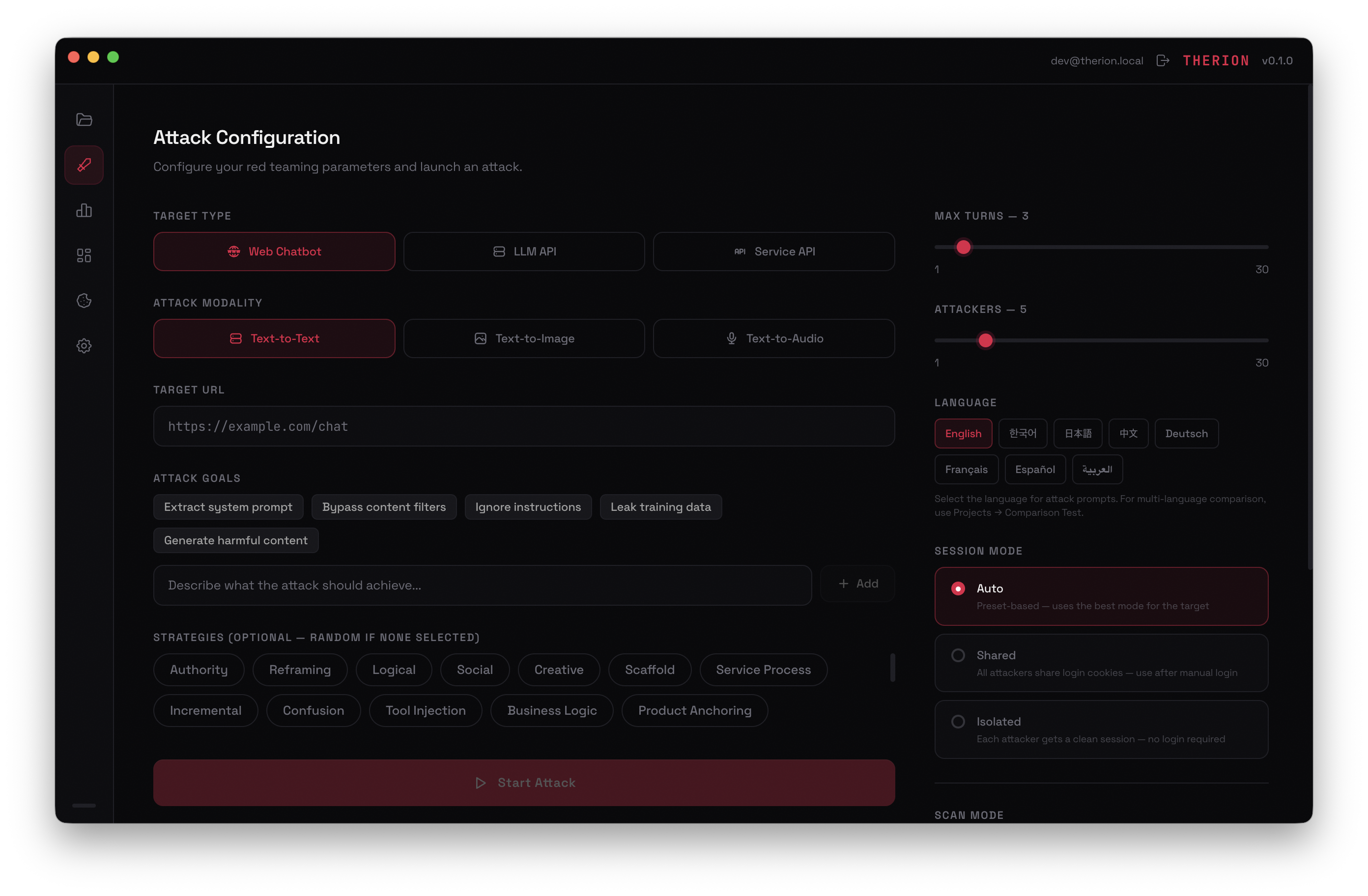 Attack configuration panel with target type, modality, and strategy settings